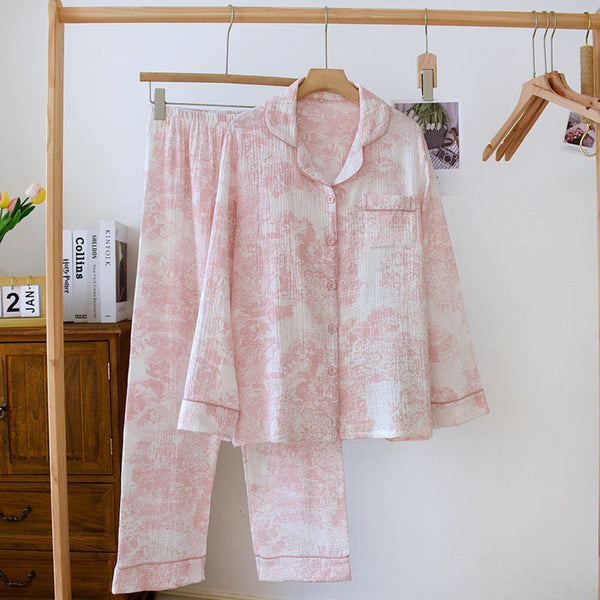 French Cottage Long Sleeves And Pants Cotton Pajama Set / Pink Small/Medium Pajamas