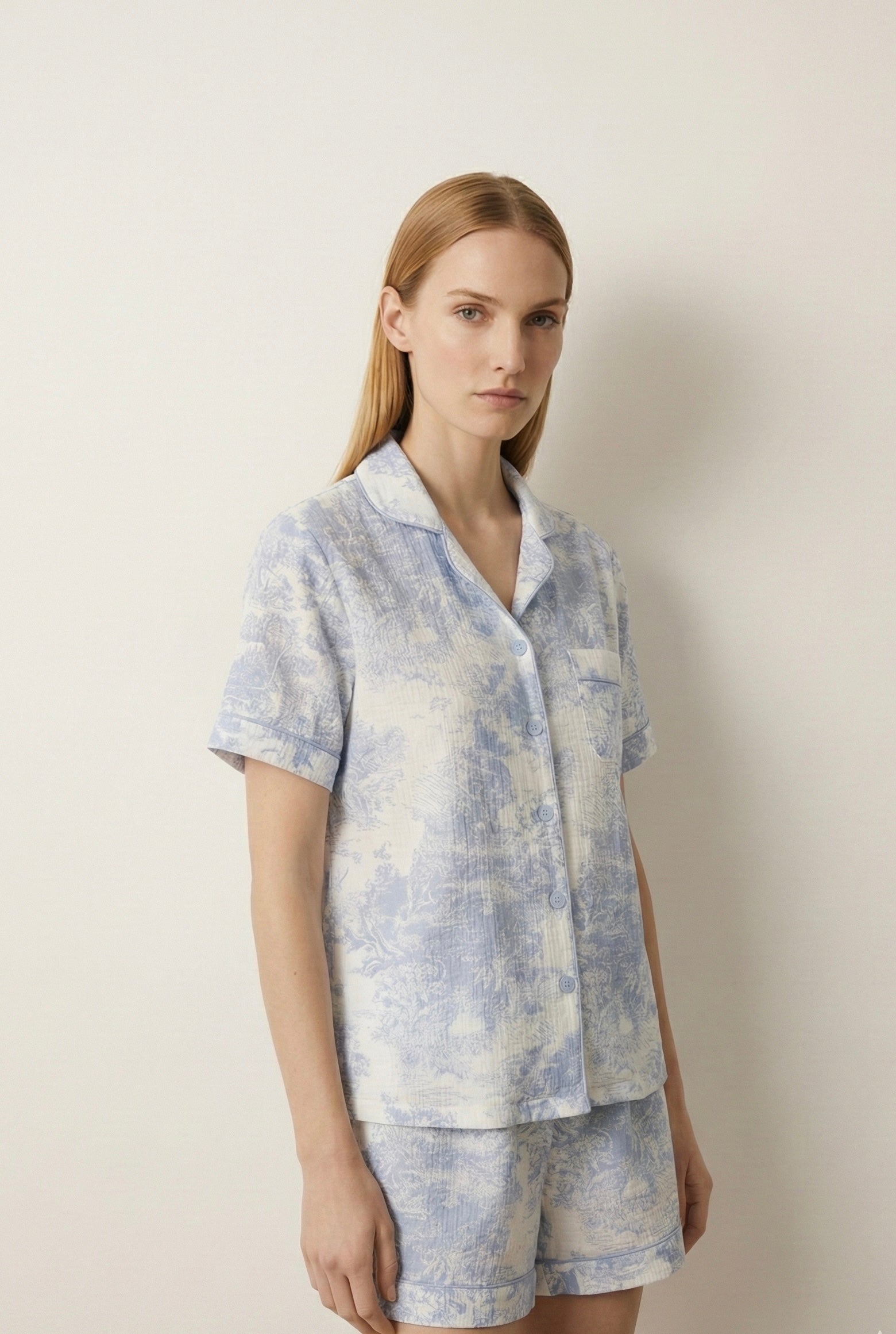  - Ever Lasting - French Cottage Short Sleeves and Shorts Cotton Pajama Set / Blue - Pajamas - Ever Lasting