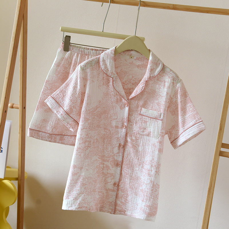 French Cottage Short Sleeves And Shorts Cotton Pajama Set / Blue Pink Small/Medium Pajamas