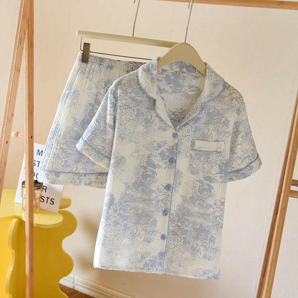 French Cottage Short Sleeves And Shorts Cotton Pajama Set / Blue Small/Medium Pajamas
