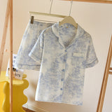 French Cottage Short Sleeves And Shorts Cotton Pajama Set / Pink Blue Small/Medium Pajamas