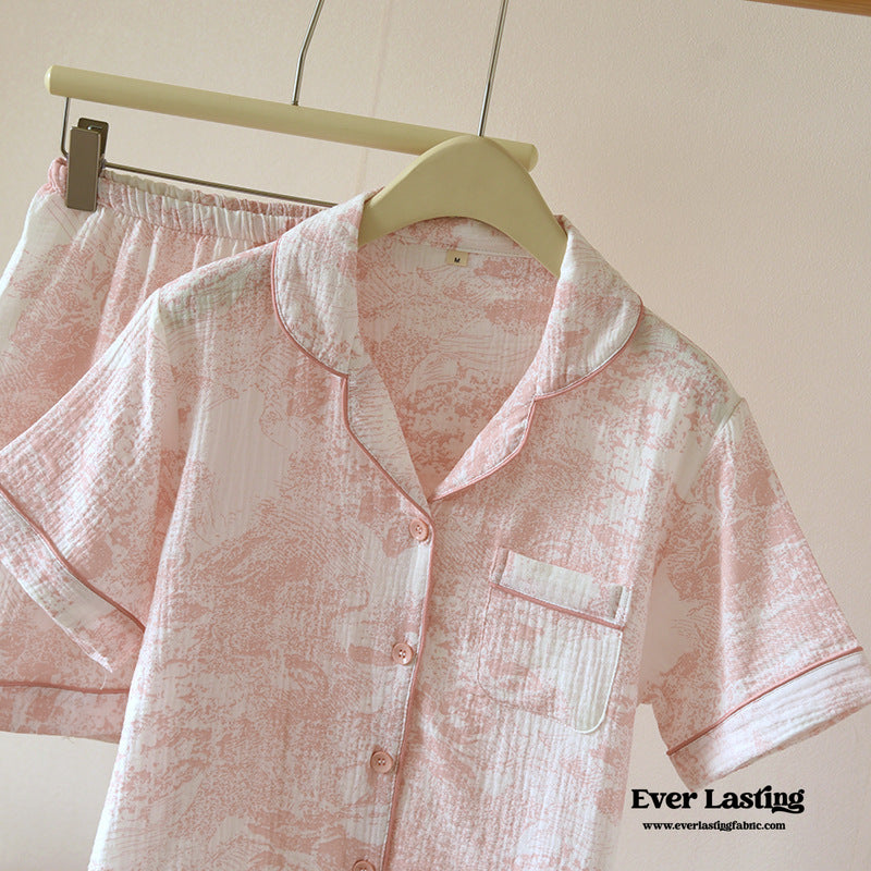 French Cottage Short Sleeves And Shorts Cotton Pajama Set / Pink Pajamas