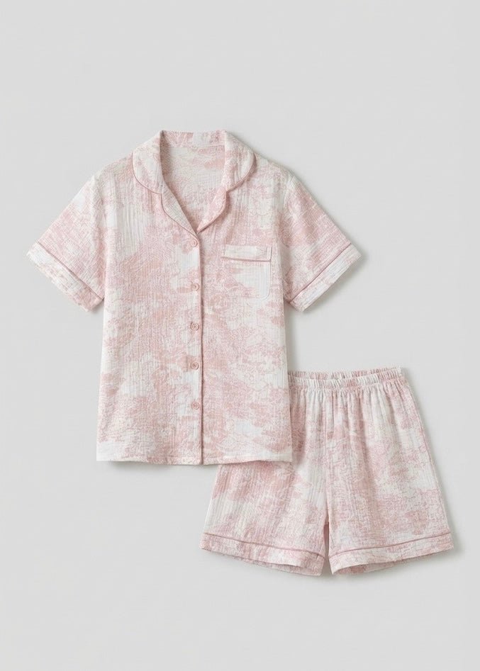  - Ever Lasting - French Cottage Short Sleeves and Shorts Cotton Pajama Set / Pink - Pajamas - Ever Lasting
