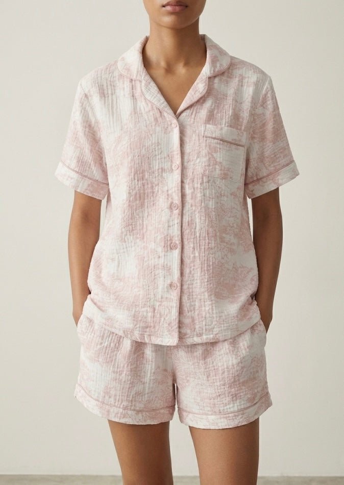  - Ever Lasting - French Cottage Short Sleeves and Shorts Cotton Pajama Set / Pink - Pajamas - Ever Lasting