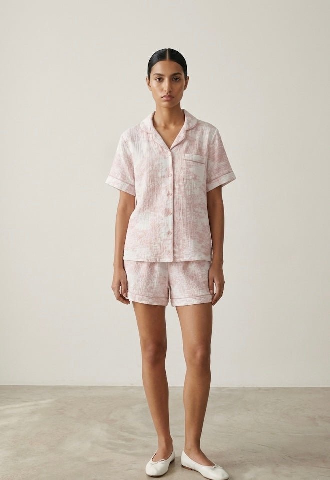  - Ever Lasting - French Cottage Short Sleeves and Shorts Cotton Pajama Set / Pink - Pajamas - Ever Lasting