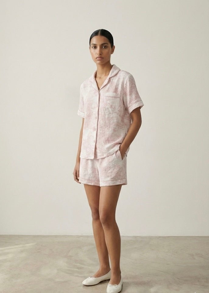  - Ever Lasting - French Cottage Short Sleeves and Shorts Cotton Pajama Set / Pink - Pajamas - Ever Lasting