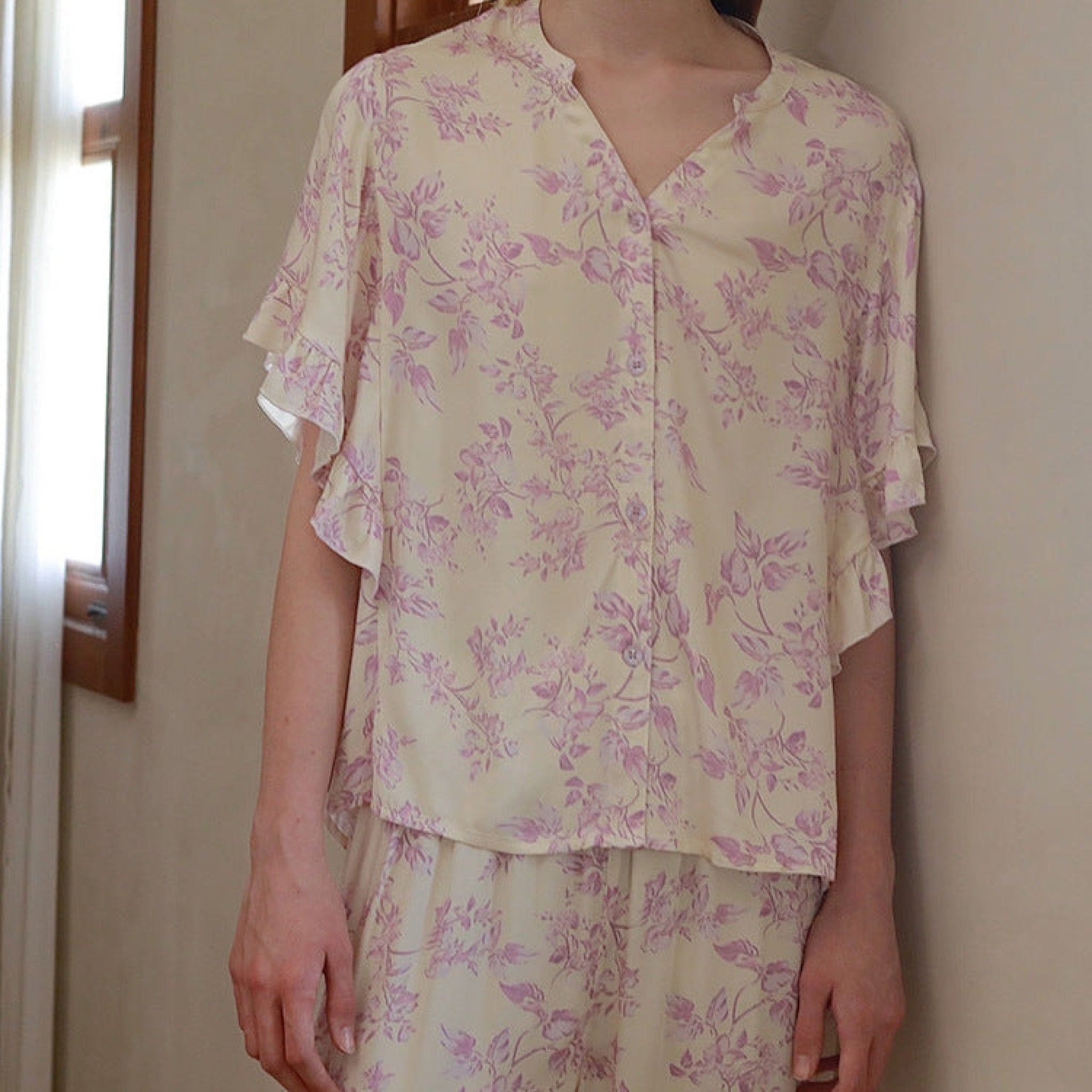 French Crape Myrtle Ruffle Silky Pajama Set - Ever Lasting