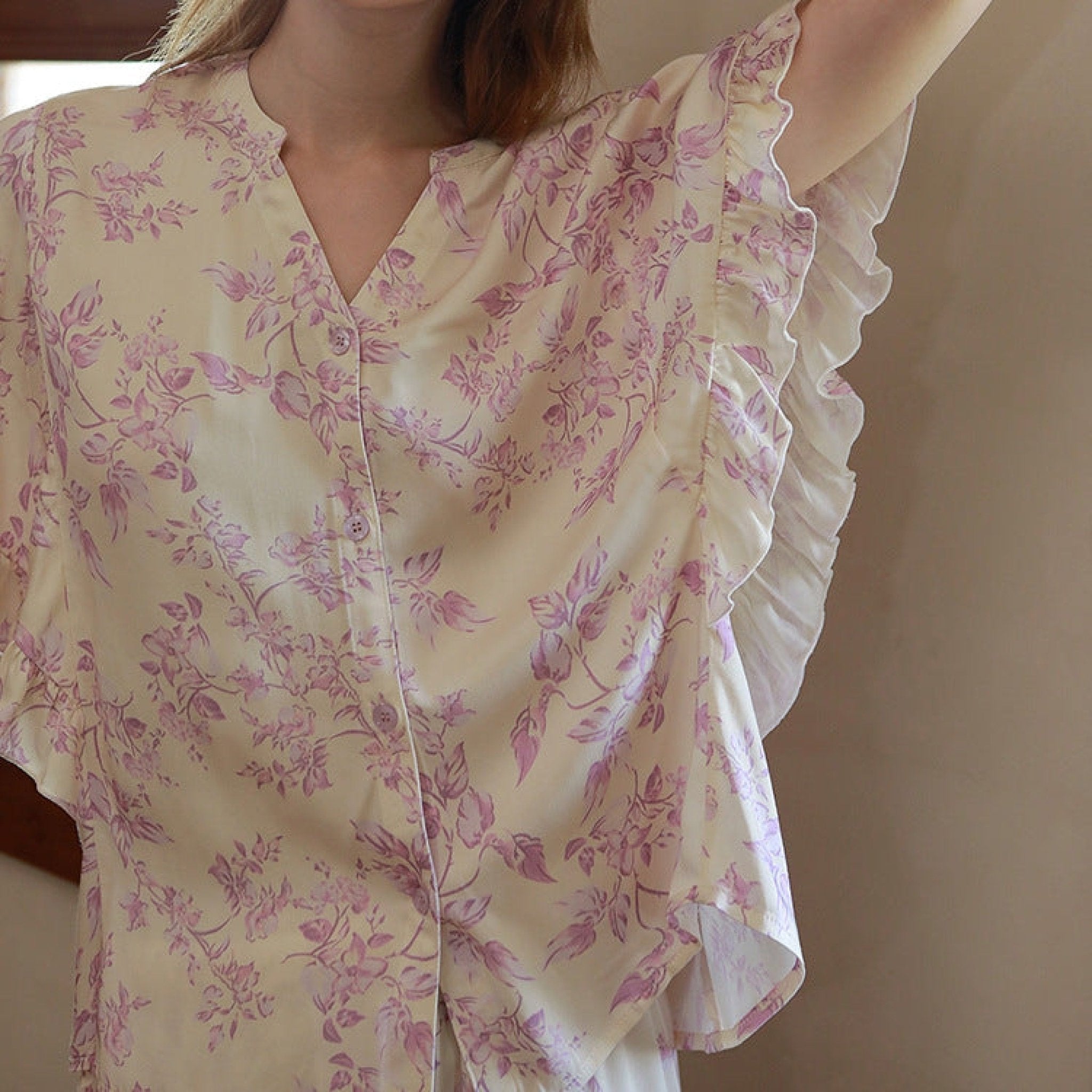 French Crape Myrtle Ruffle Silky Pajama Set - Ever Lasting