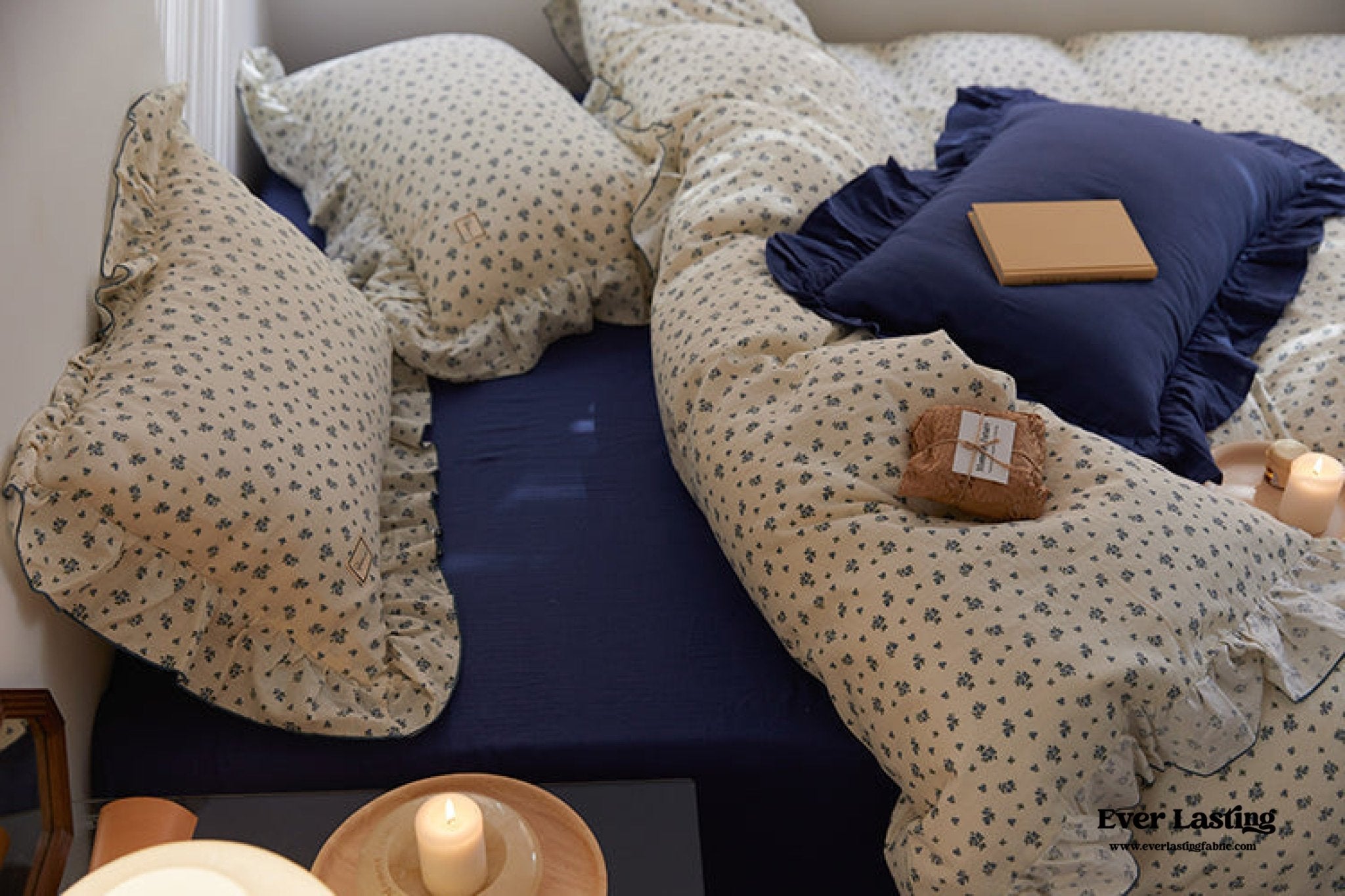 French Floral Earth Tone Double Layer Ruffle Bedding Set / Beige + Blue - Ever Lasting