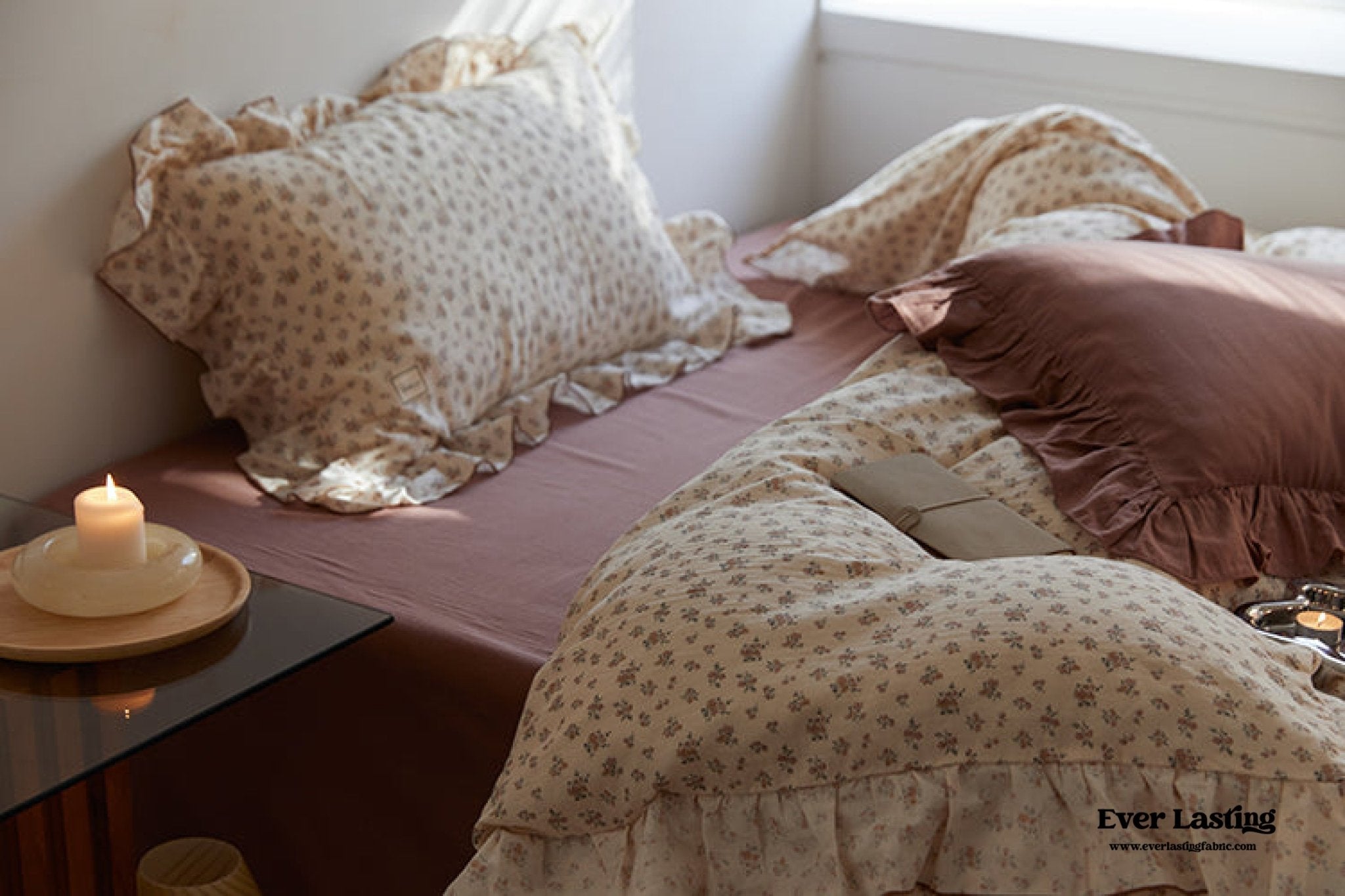 French Floral Earth Tone Double Layer Ruffle Bedding Set / Beige + Blue - Ever Lasting