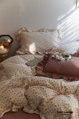 French Floral Earth Tone Double Layer Ruffle Bedding Set / Beige + Brown
