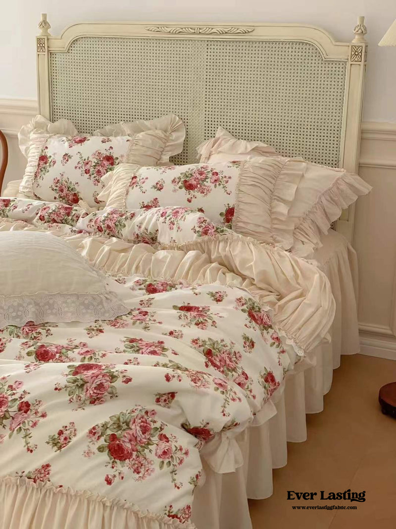 French Rose Ruffle Bedding Set / Large Floral Champaign Pink