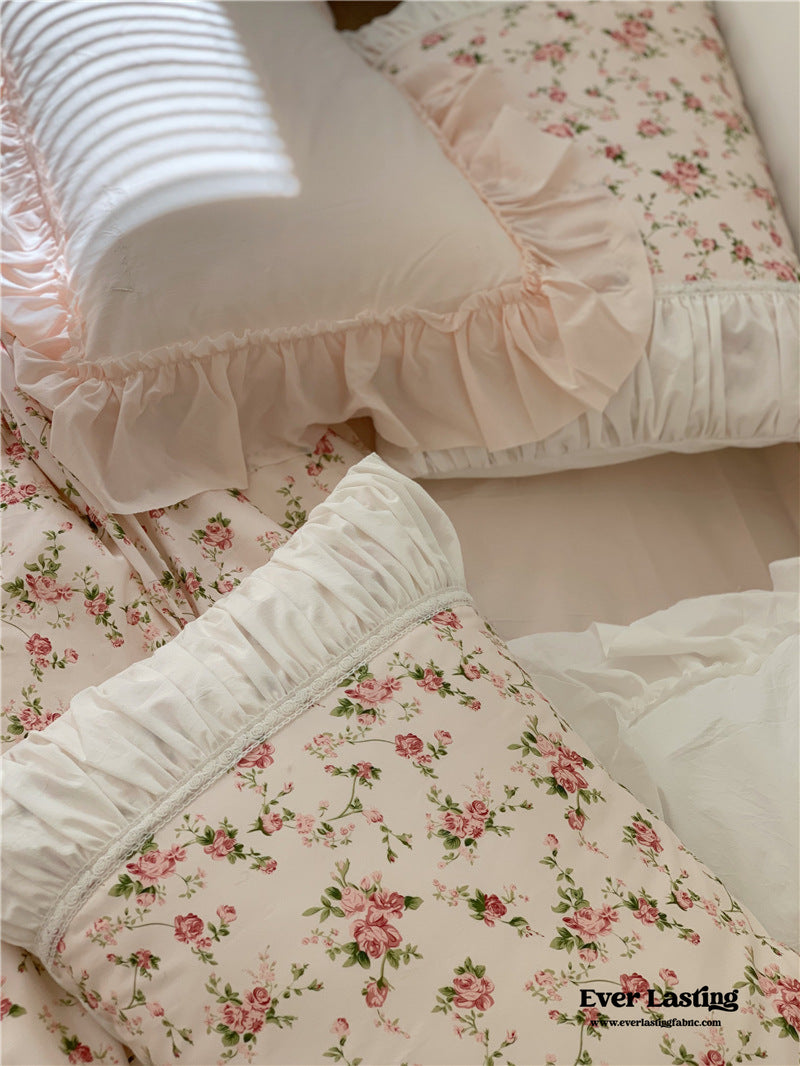 French Rose Ruffle Bedding Set / Large Floral Champaign Pink