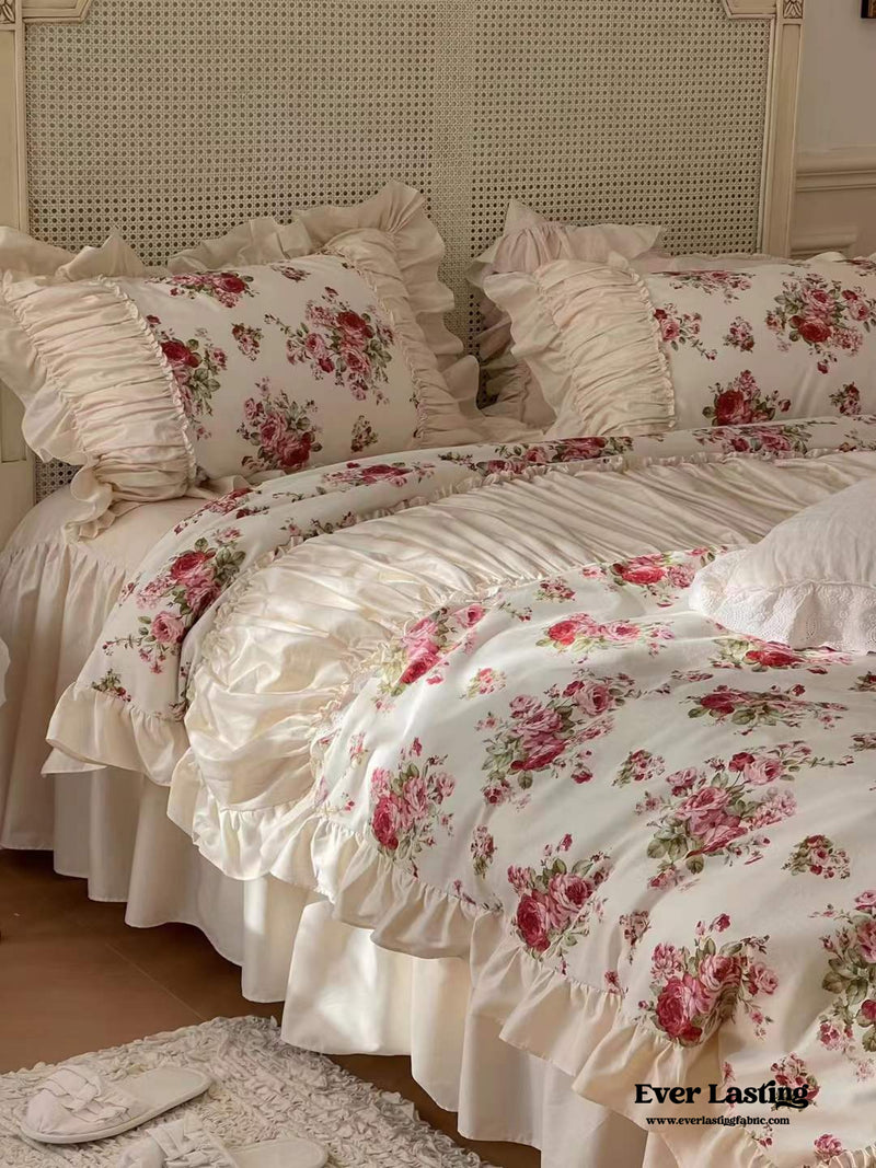 French Rose Ruffle Bedding Set / Large Floral Champaign Pink