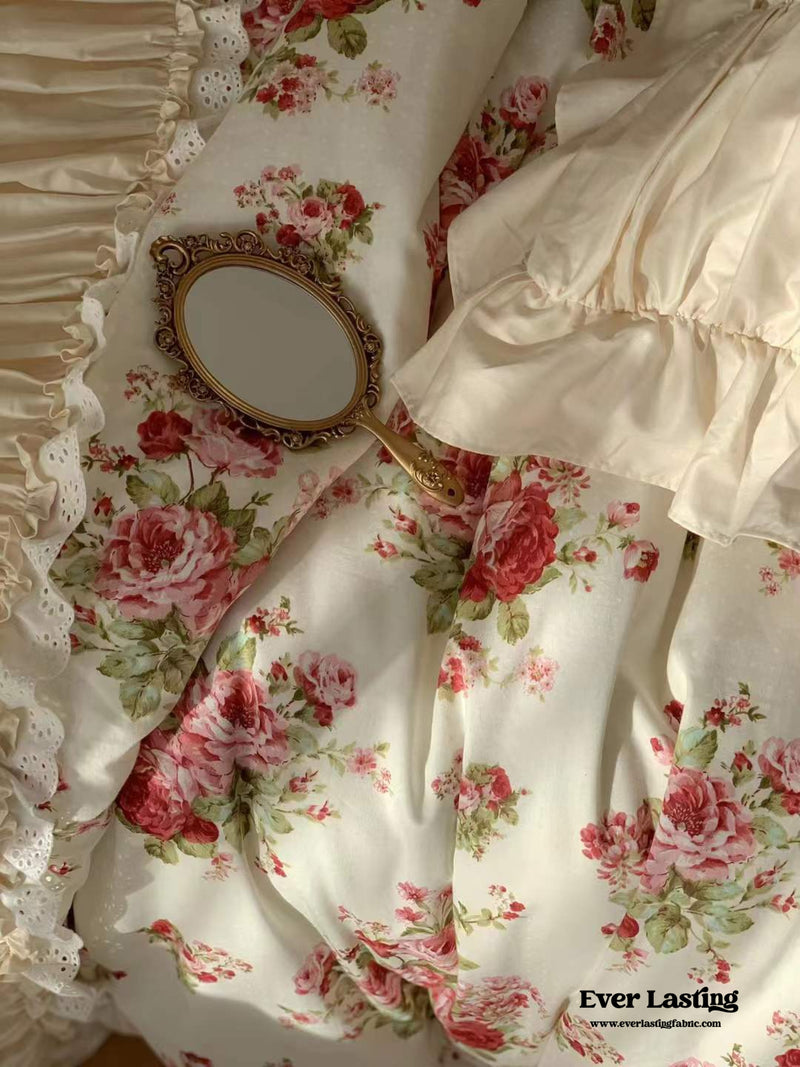 French Rose Ruffle Bedding Set / Large Floral Champaign Pink