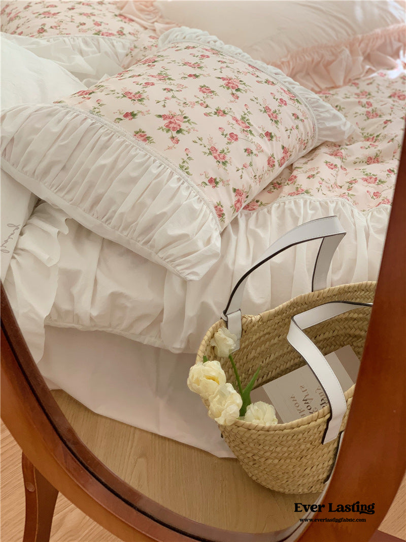 French Rose Ruffle Bedding Set / Large Floral Champaign Pink