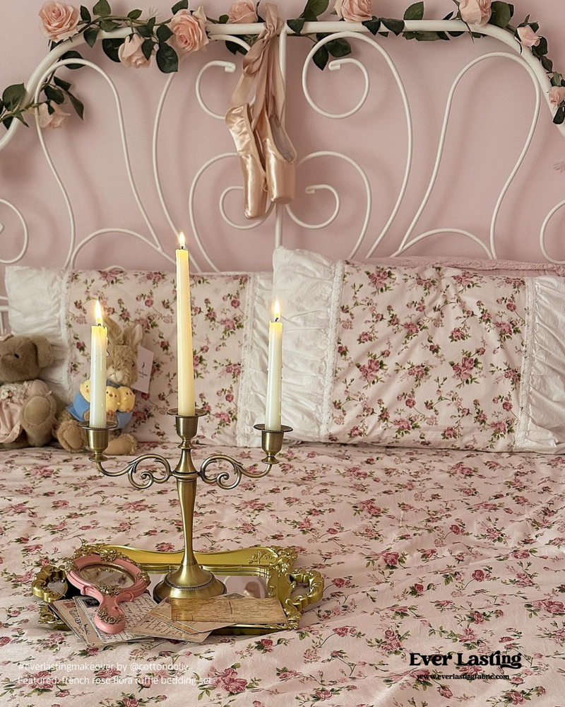 French Floral Ruffle Bedding Set / Rosé Pink