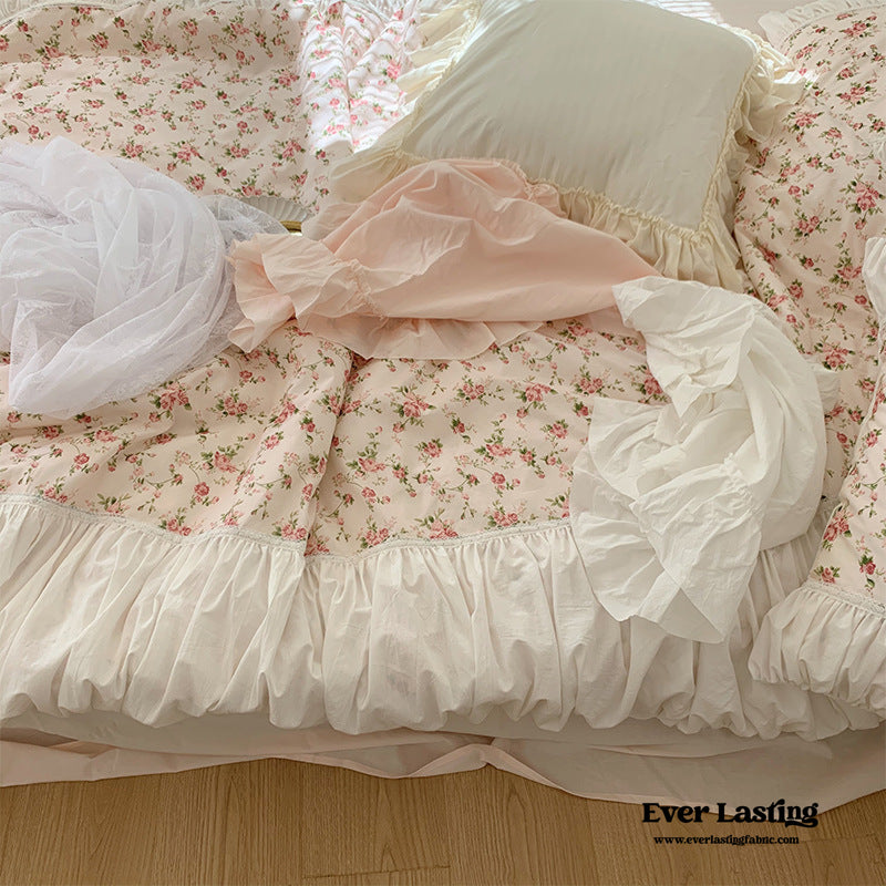 French Rose Ruffle Bedding Set / Large Floral Champaign Pink