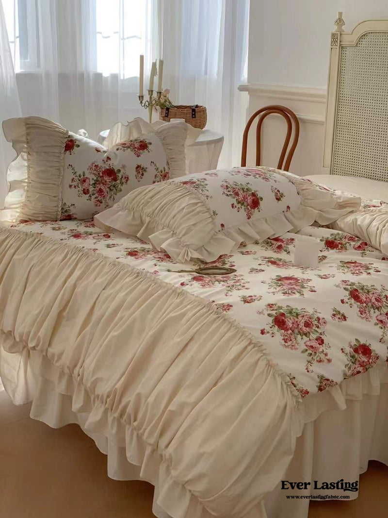 French Rose Ruffle Bedding Set / Large Floral Champaign Pink