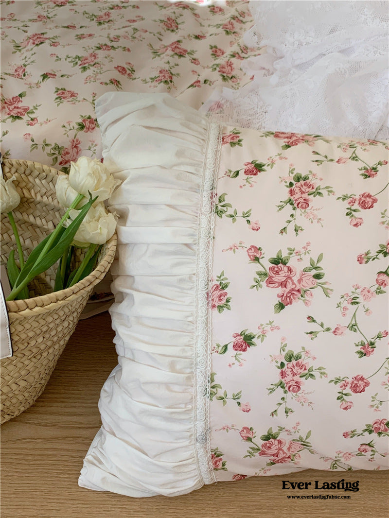 French Rose Ruffle Bedding Set / Large Floral Champaign Pink