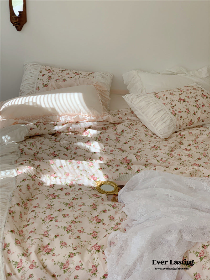 French Rose Ruffle Bedding Set / Large Floral Champaign Pink