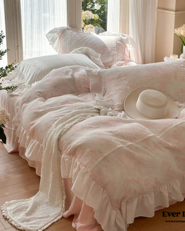 French Pink White Floral Ruffle Bedding Bundle