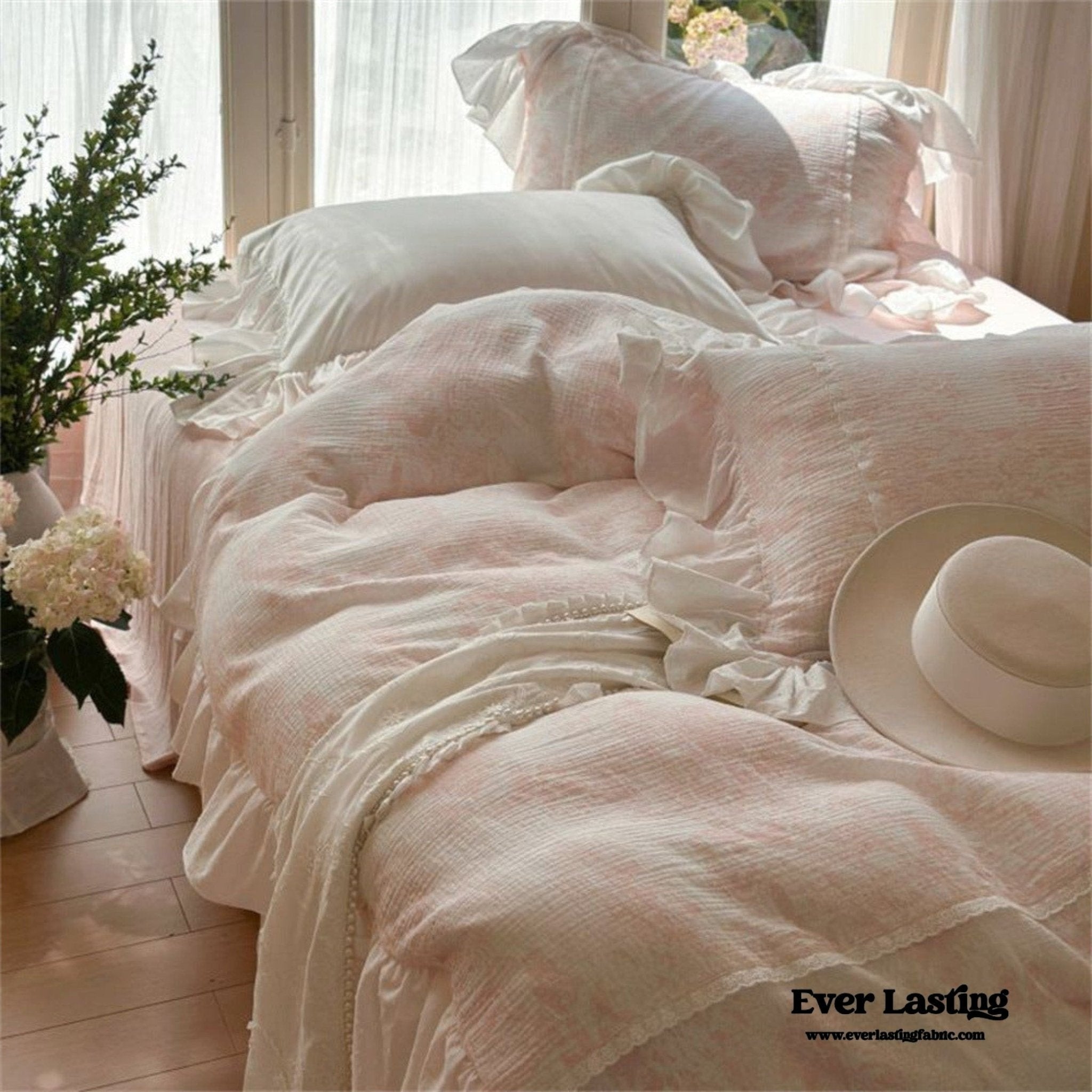 French Pink White Floral Ruffle Bedding Bundle - Ever Lasting