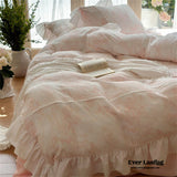 French Pink White Floral Ruffle Bedding Set