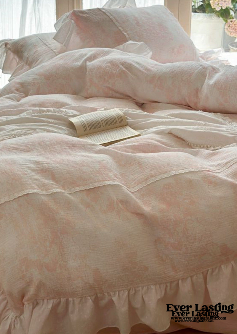 French Pink White Floral Ruffle Bedding Set