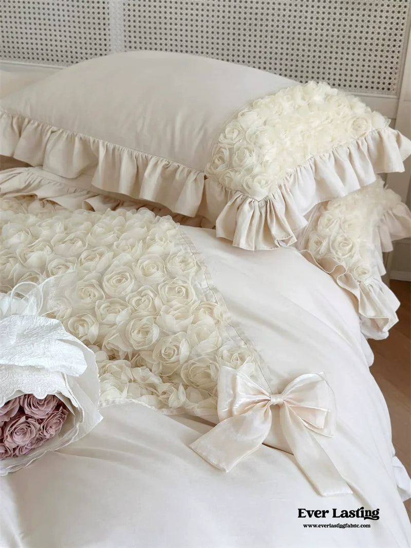 French Rose Bouquet Ruffle Bedding Set / Cream White