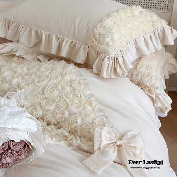 French Rose Bouquet Ruffle Bedding Set / Cream White