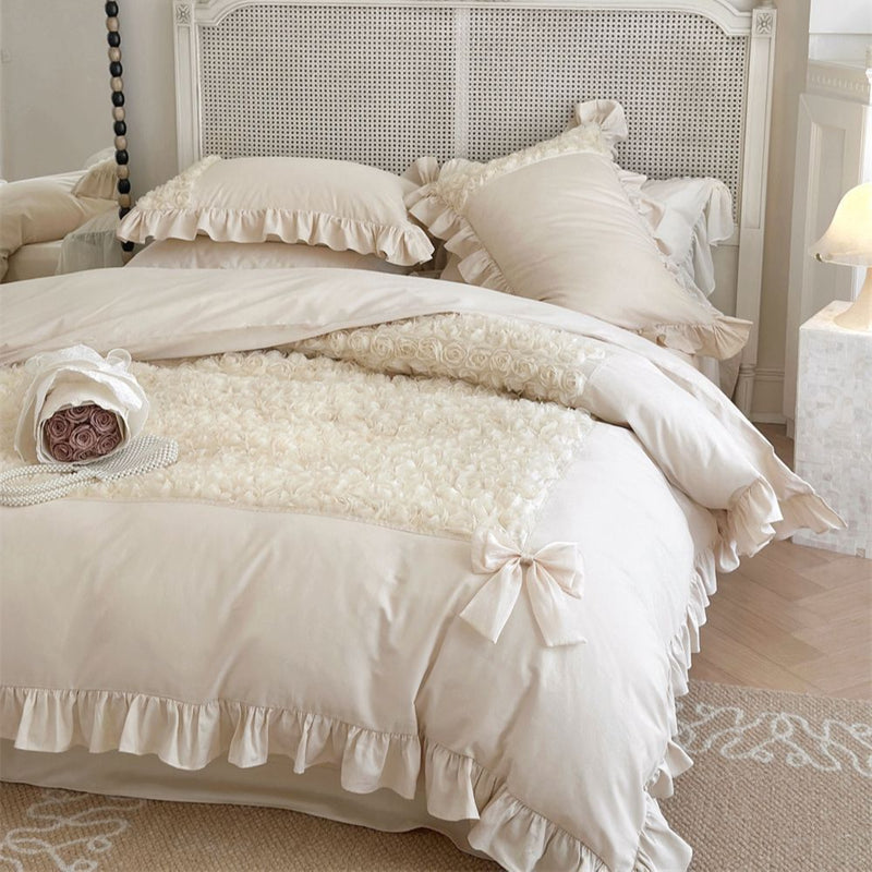French Rose Bouquet Ruffle Bedding Set / Cream White Medium Fitted