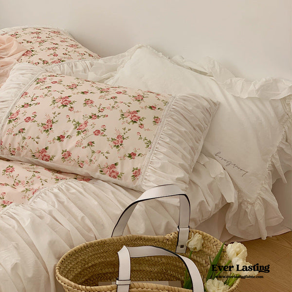 French Rose Ruffle Bedding Set / Tiny Floral White Pink