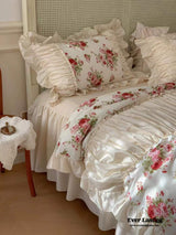 French Rose Ruffle Bedding Set / Tiny Floral White Pink
