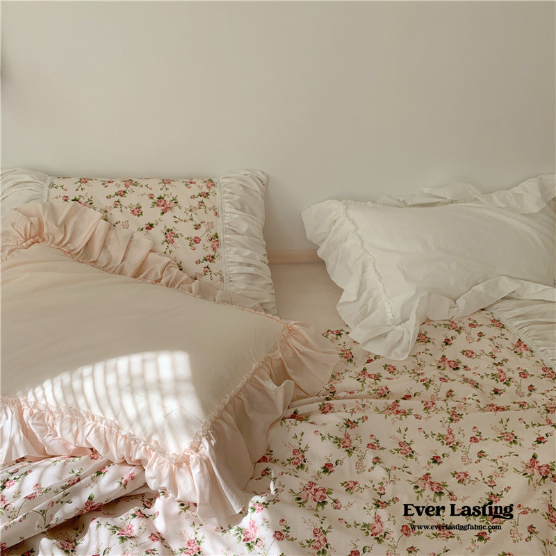 French Rose Ruffle Bedding Set / Tiny Floral White Pink