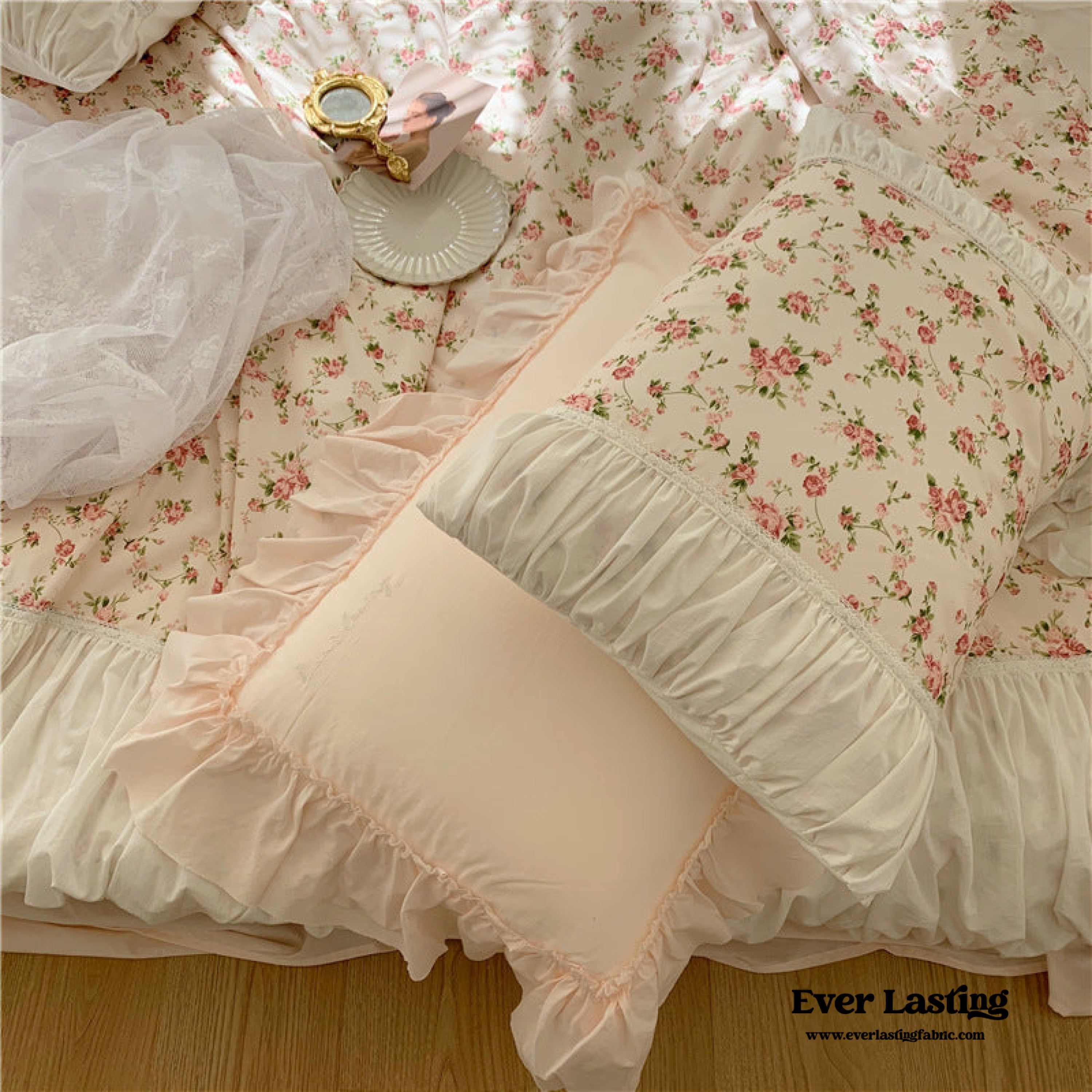 French Rose Floral Ruffle Bedding Set / White | Best Stylish Bedding ...