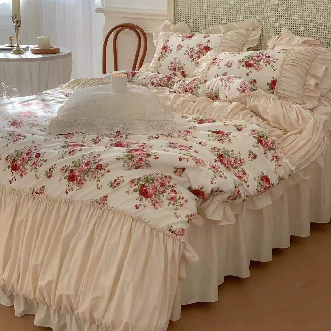  - Ever Lasting - French Rose Floral Ruffle Bedding Set / White - Bedding Set - Ever Lasting