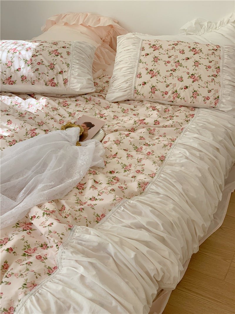  - Ever Lasting - French Rose Floral Ruffle Bedding Set / White - Bedding Set - Ever Lasting