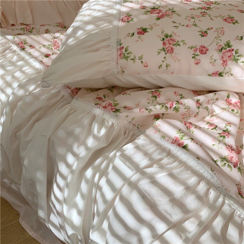 - Ever Lasting - French Rose Floral Ruffle Bedding Set / White - Bedding Set - Ever Lasting