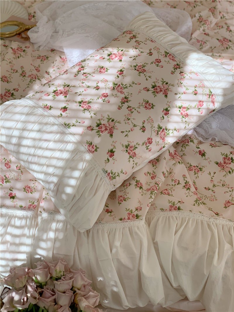  - Ever Lasting - French Rose Floral Ruffle Bedding Set / White - Bedding Set - Ever Lasting