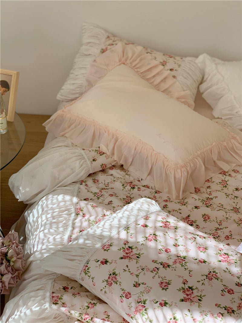  - Ever Lasting - French Rose Floral Ruffle Bedding Set / White - Bedding Set - Ever Lasting