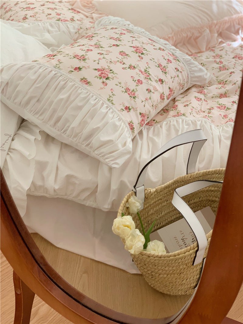  - Ever Lasting - French Rose Floral Ruffle Bedding Set / White - Bedding Set - Ever Lasting