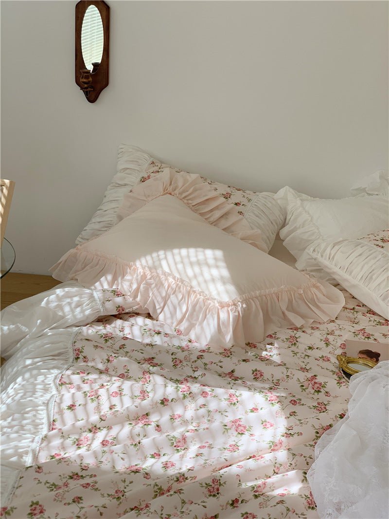 - Ever Lasting - French Rose Floral Ruffle Bedding Set / White - Bedding Set - Ever Lasting