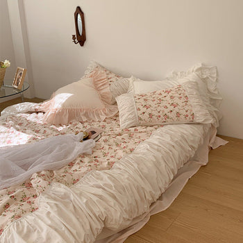French Rose Ruffle Bedding Set / Tiny Floral White Pink Medium Flat