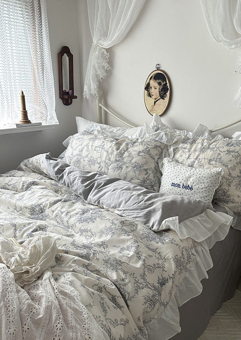 French Ruffle Floral Bedding Set / Blue