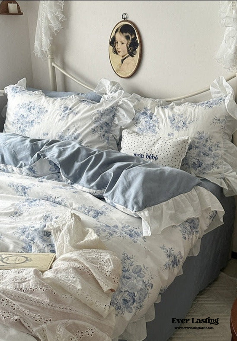 French Ruffle Floral Bedding Set / Blue