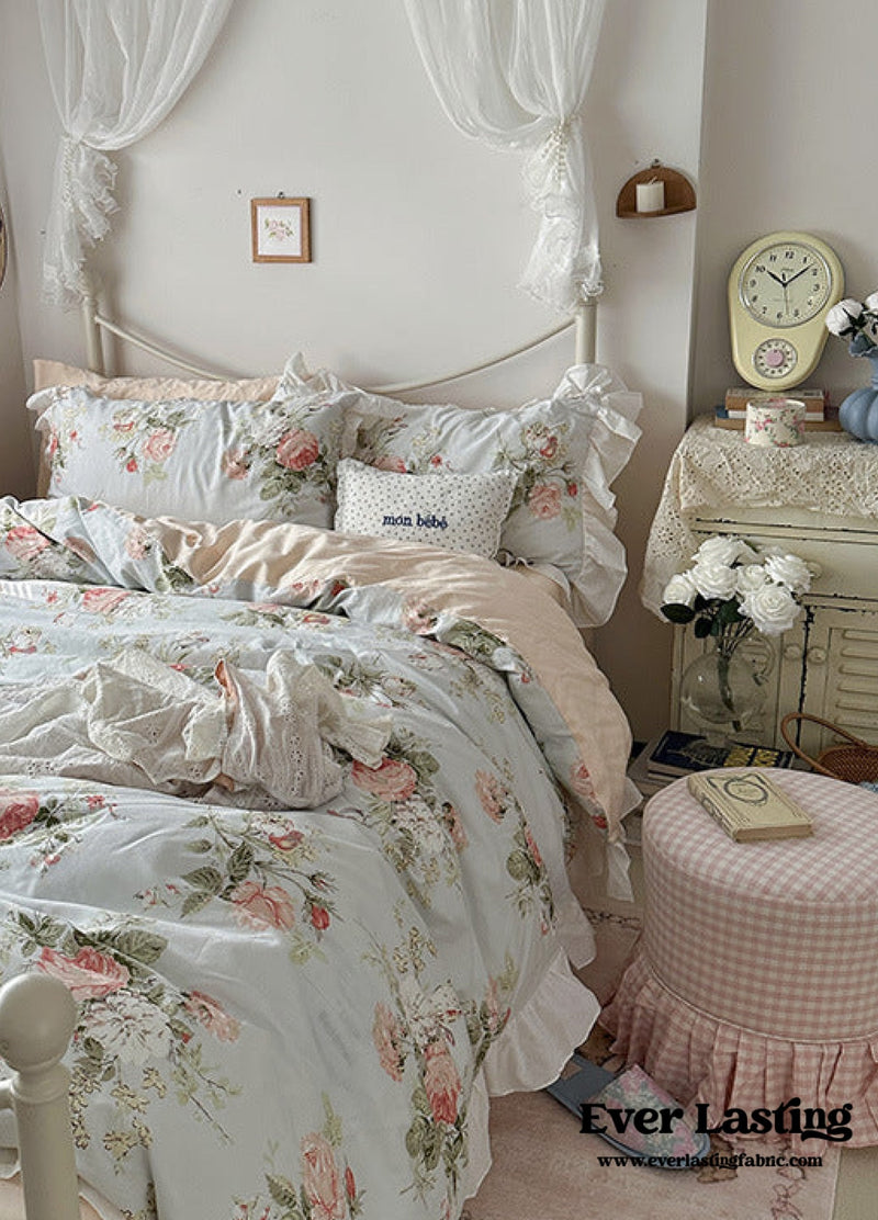 French Ruffle Floral Bedding Set / Blue