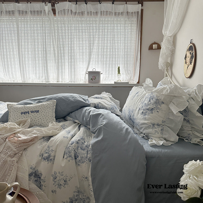 French Ruffle Floral Bedding Set / Blue