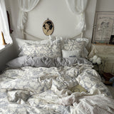 French Ruffle Floral Bedding Set / Blue Gray Small Flat
