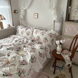 French Ruffle Floral Bedding Set / Blue Pink Small Flat